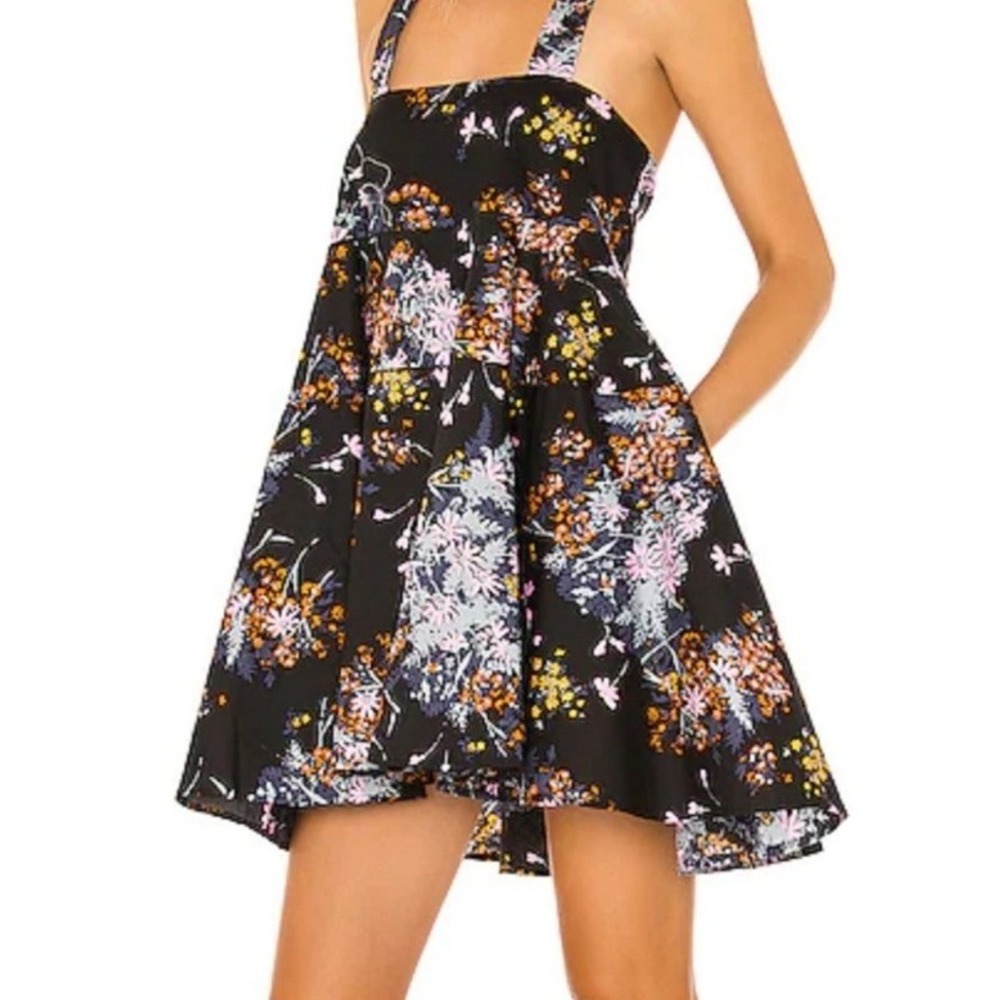 Free People Floral Halter Mini Dress Black Multi Cotton Tie Back XS